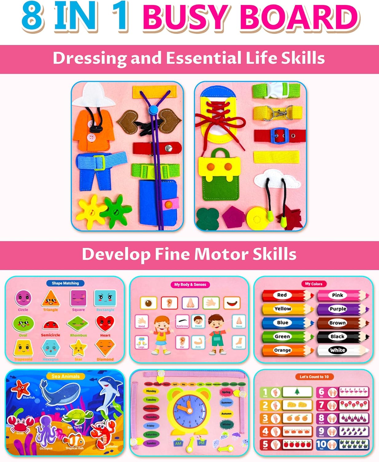Montessori Busy Board & Book – Sensory Learning Toy for Toddlers, Educational Travel Activity Gift
