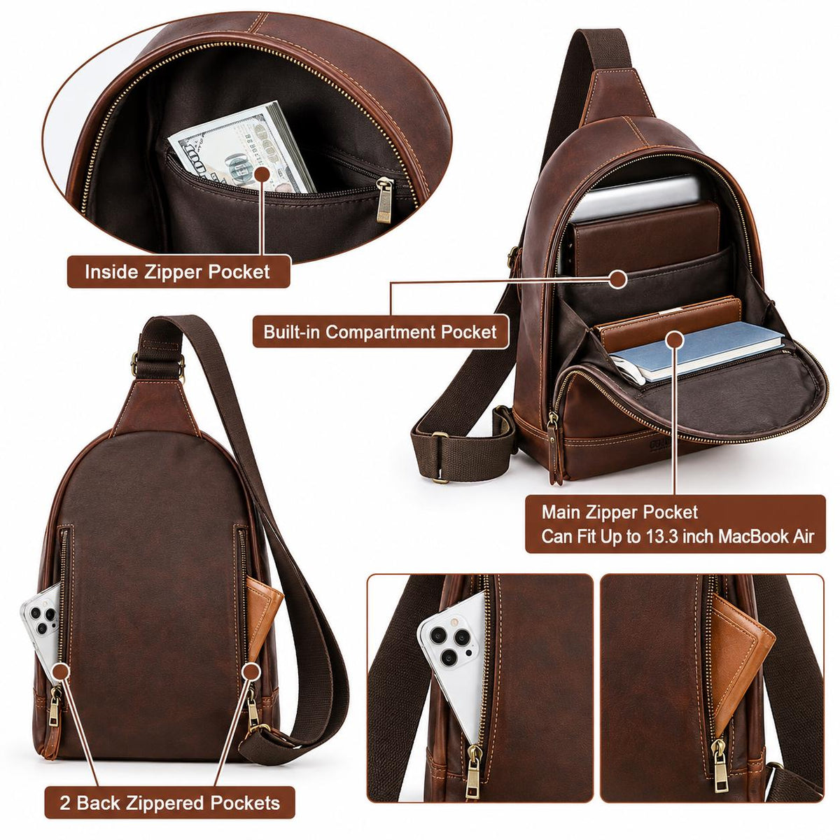 Leather Sling Bag for Men, Custom Crossbody Backpack Fits 13.3 Inch Laptop, One Shoulder Chest Bag, Bellagra