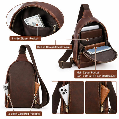 Leather Sling Bag for Men, Custom Crossbody Backpack Fits 13.3 Inch Laptop, One Shoulder Chest Bag, Bellagra