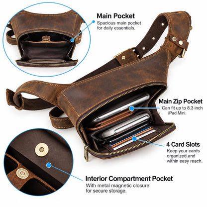 Leather Drop Leg Bag for Men, Custom Motorcycle Thigh Bag, Mens Tactical Waist Fanny Pack Fits iPad Mini, Lombardi