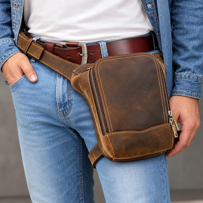 Leather Drop Leg Bag for Men, Custom Motorcycle Thigh Bag, Mens Tactical Waist Fanny Pack Fits iPad Mini, Lombardi