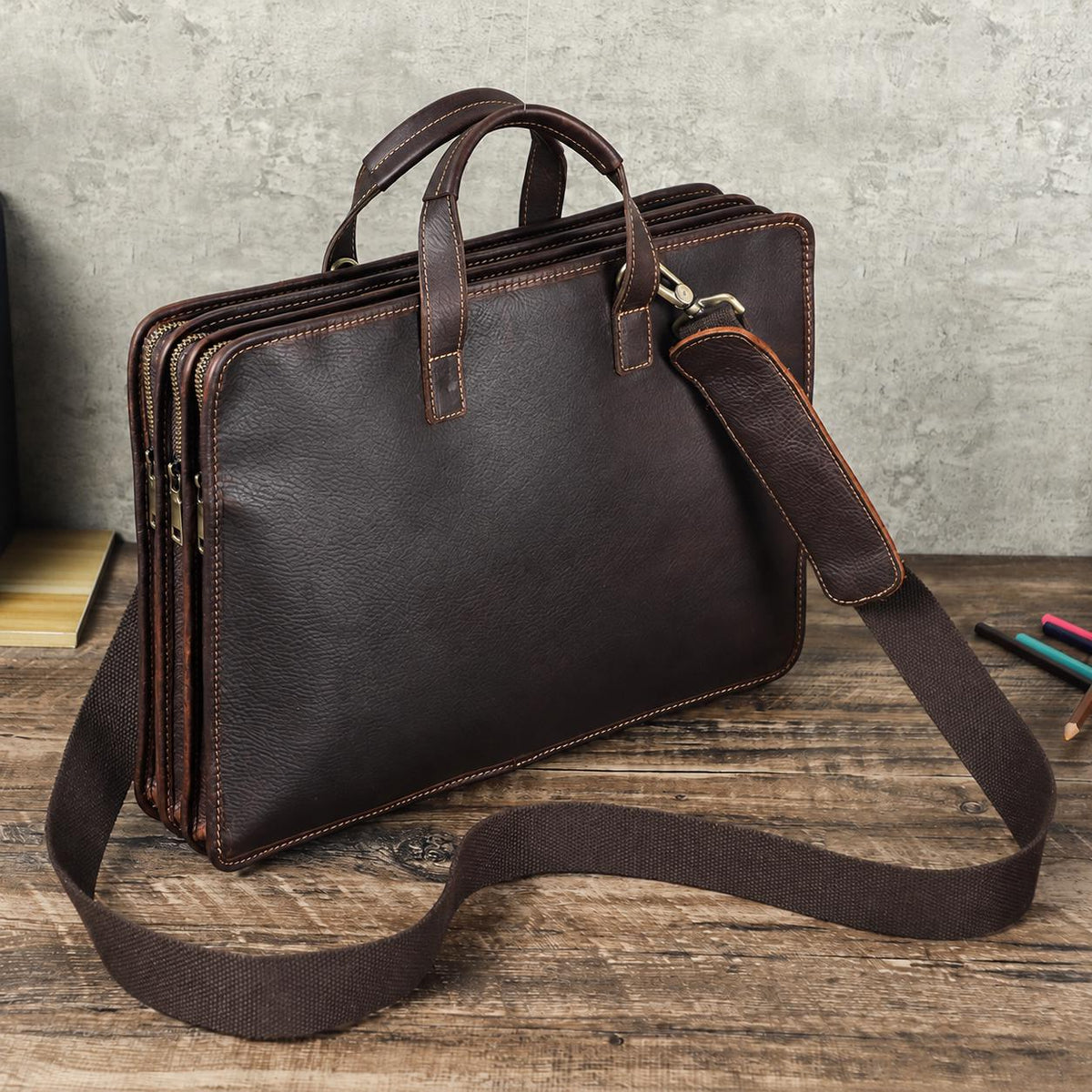 Custom Leather Briefcase for Men, Triple-Zip Laptop Bag, Crazy Horse Cowhide Messenger Bag
