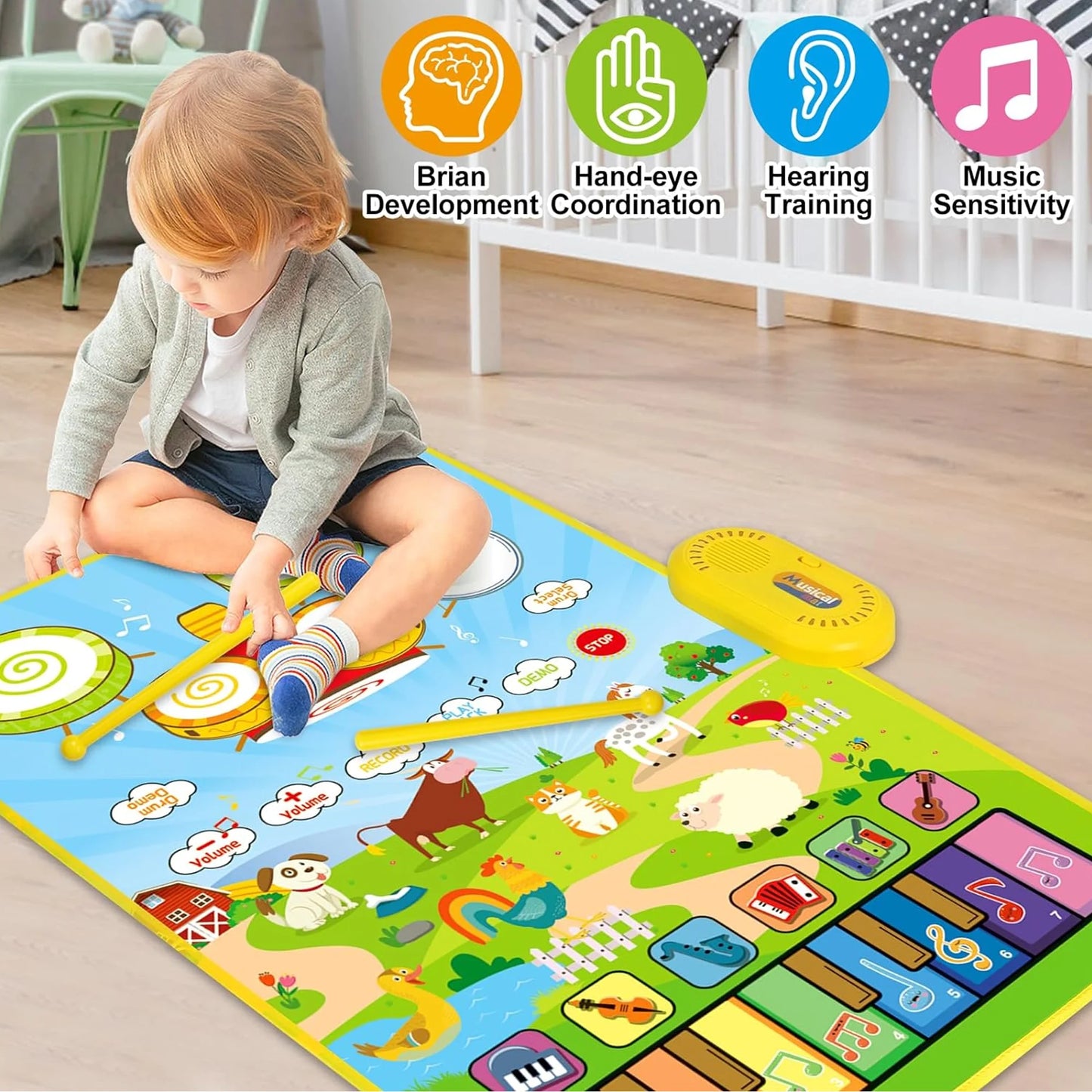 3-in-1 Musical Mat Toy – Piano & Drum Floor Blanket with Sticks for Toddlers Ages 1–3