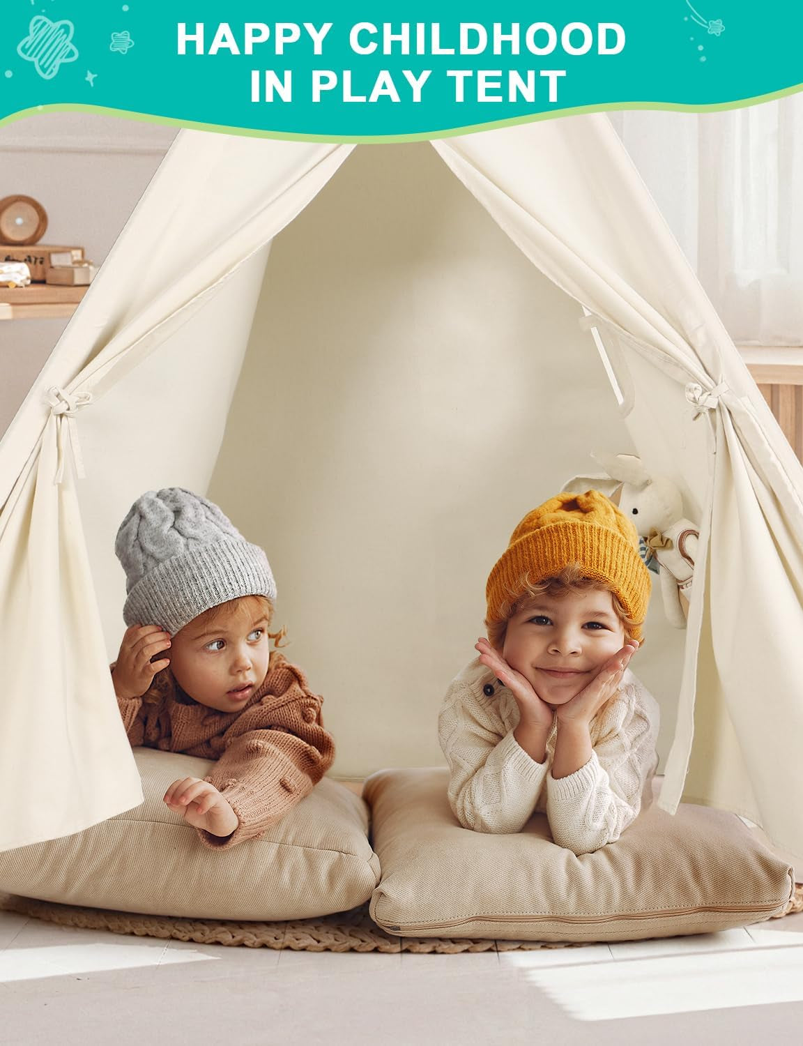Kids Teepee Play Tent – Foldable Natural Canvas Tipi with Lights & Carry Bag