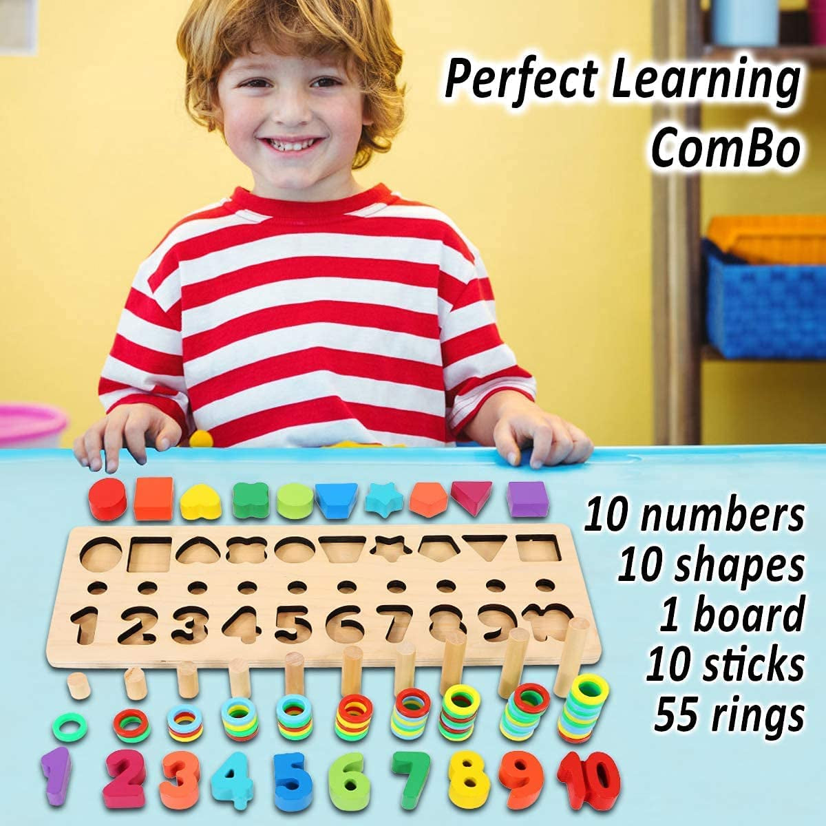 Montessori Educational Wooden Counting Blocks – Number Puzzle & Shape Stacker Toy