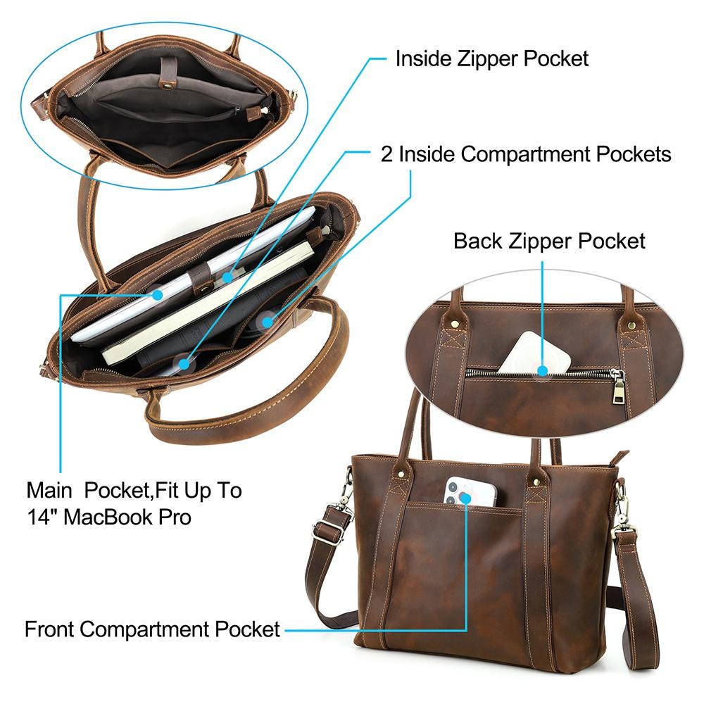 Leather Tote Bag for Work, Custom Shoulder Bag Fits 14 Inch Laptop, Personalized Leather Crossbody Bag, Mantova