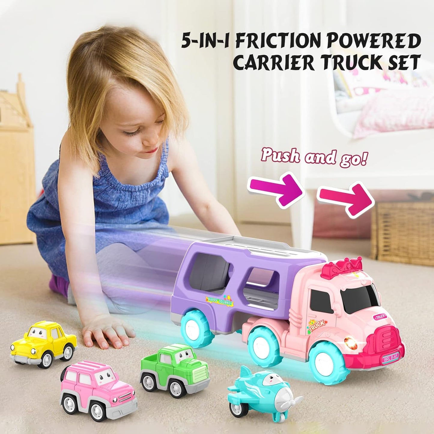 Pink 5 in 1 Carrier Truck Toy for Girls – Lights and Sounds