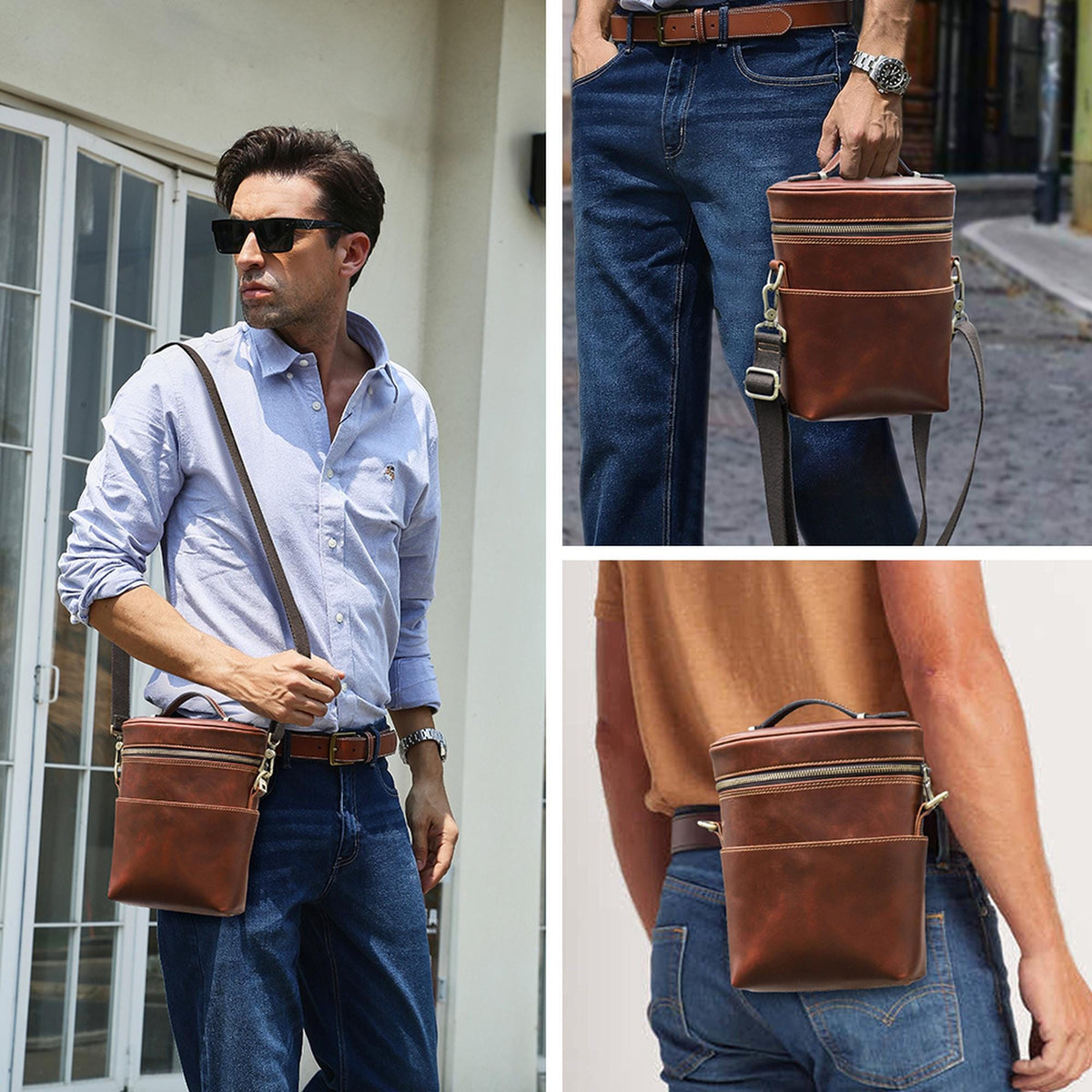 Personalized Leather Crossbody Bag for Men, Custom Mens Shoulder Sling Bag, Vertical Travel Satchel Bag, Gift for Him, Alfiero