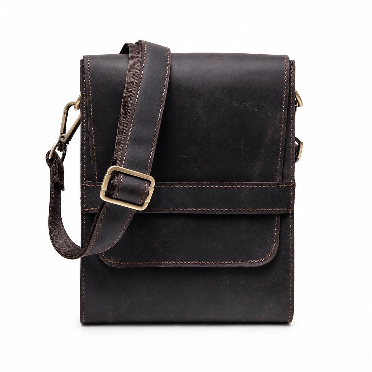 Avenor handcrafted chestnut Crazy Horse leather slim vertical crossbody messenger bag front view - Yubello