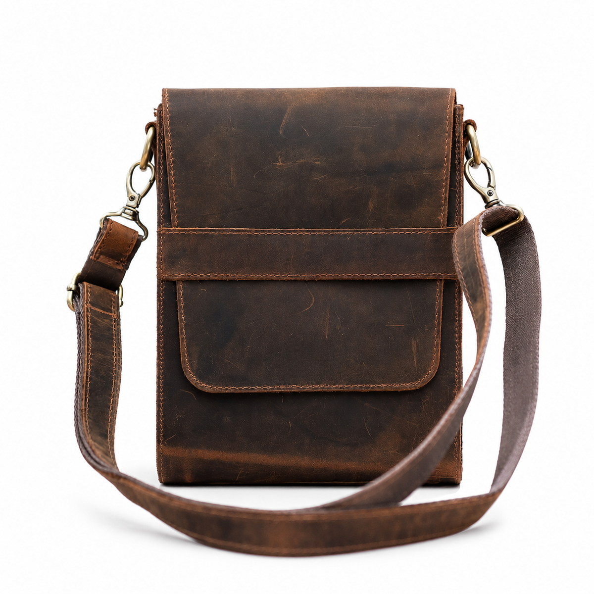Avenor handcrafted  brown Crazy Horse leather slim vertical crossbody messenger bag front view - Yubello