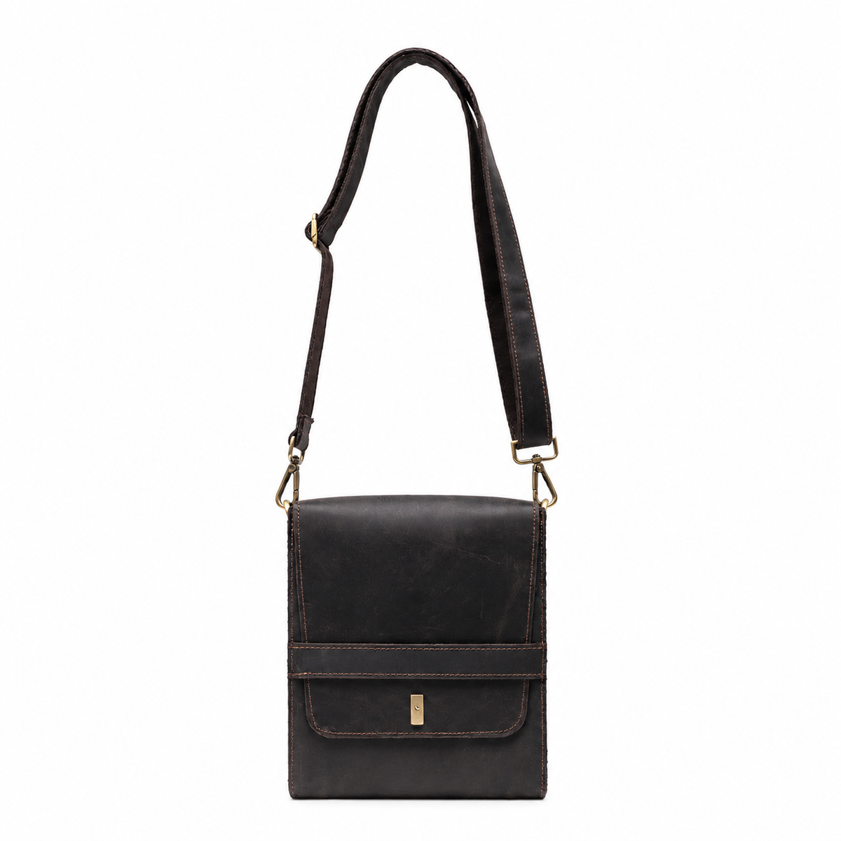 Avenor handcrafted chestnut Crazy Horse leather slim vertical crossbody messenger bag front view - Yubello