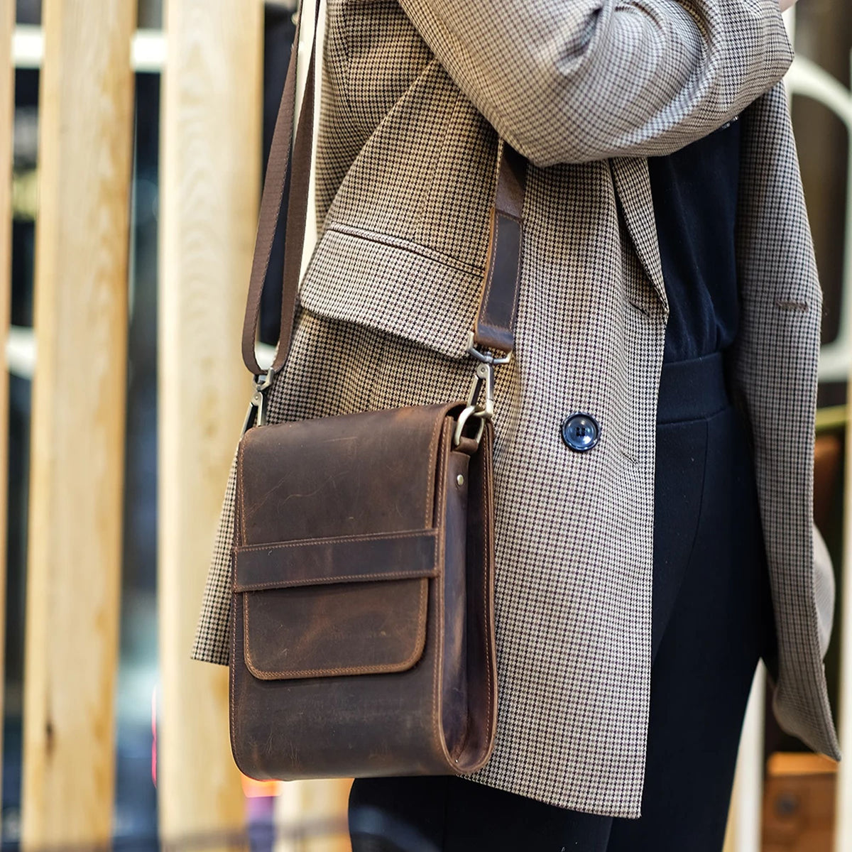 Avenor handcrafted  brown Crazy Horse leather slim vertical crossbody messenger bag front view - Yubello