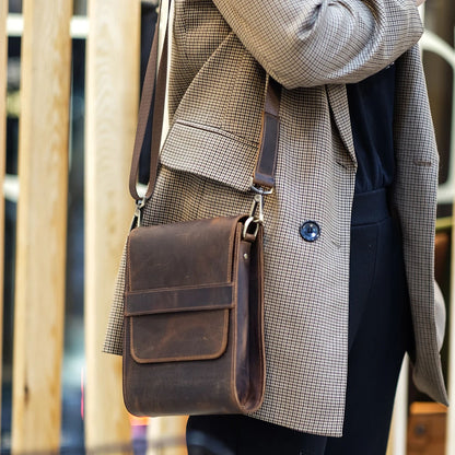 Avenor handcrafted  brown Crazy Horse leather slim vertical crossbody messenger bag front view - Yubello
