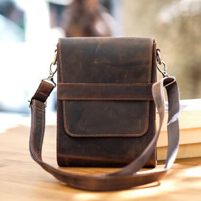 Avenor handcrafted  brown Crazy Horse leather slim vertical crossbody messenger bag front view - Yubello