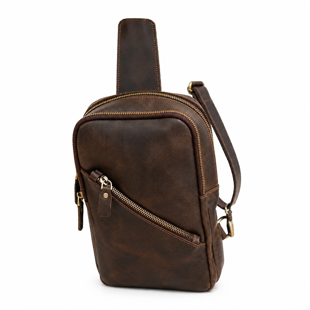 Strive handcrafted dark brown leather sling bag diagonal zip chest crossbody on model - Yubello