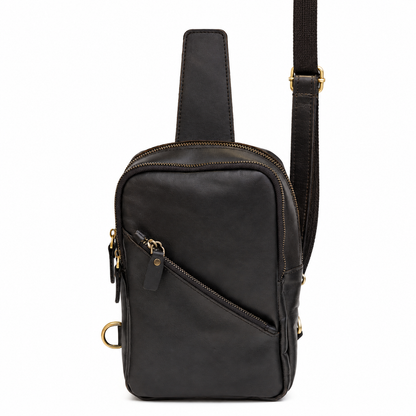 Strive handcrafted black leather sling bag diagonal zip chest crossbody on model - Yubello