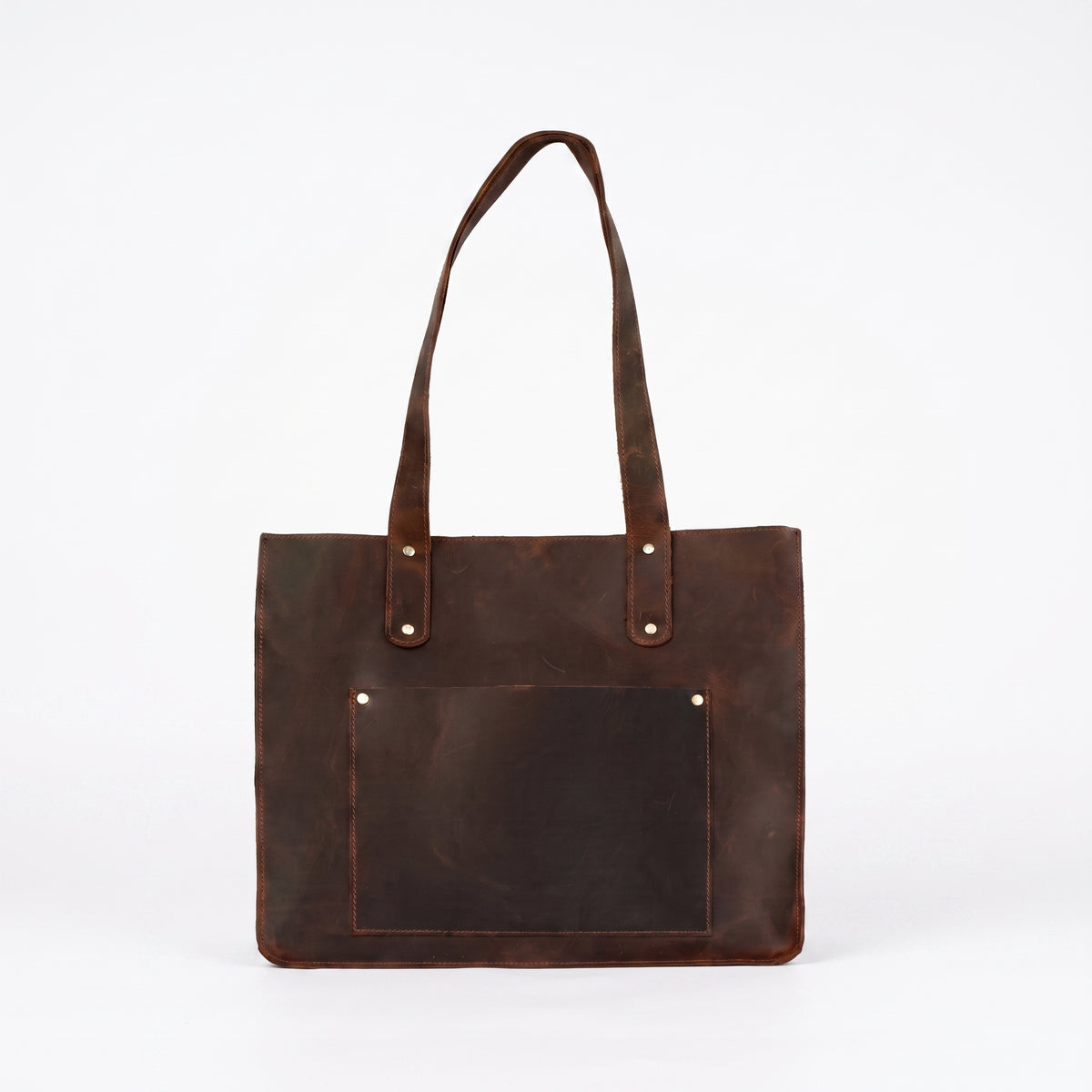 Torvella handcrafted brown Crazy Horse leather tote bag front view with pocket - Yubello