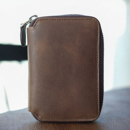 Vanguard handcrafted chestnut Crazy Horse leather zip-around wallet front view - Yubello