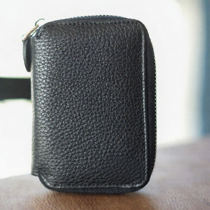 Vanguard handcrafted black Crazy Horse leather zip-around wallet front view - Yubello