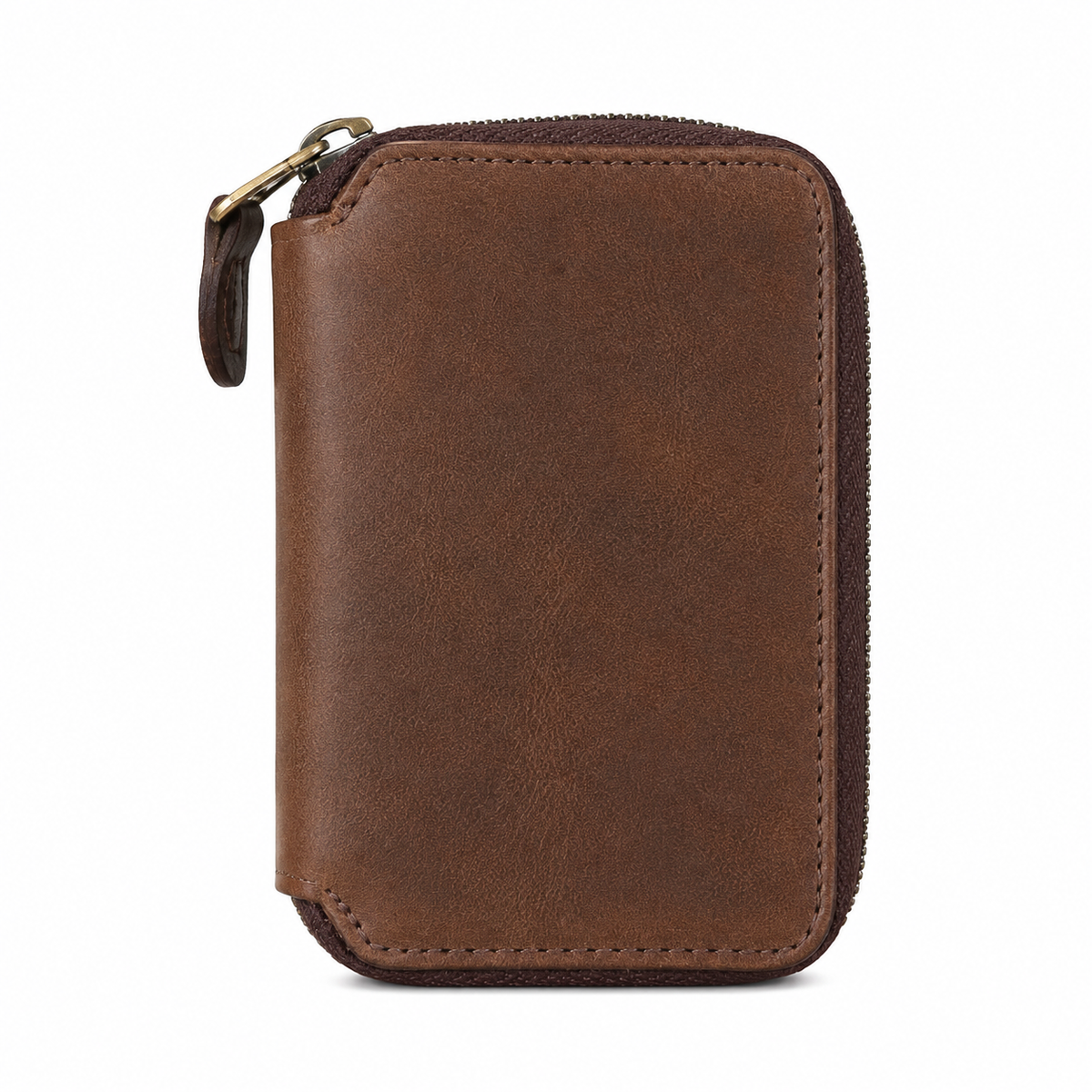 Vanguard handcrafted chestnut Crazy Horse leather zip-around wallet front view - Yubello