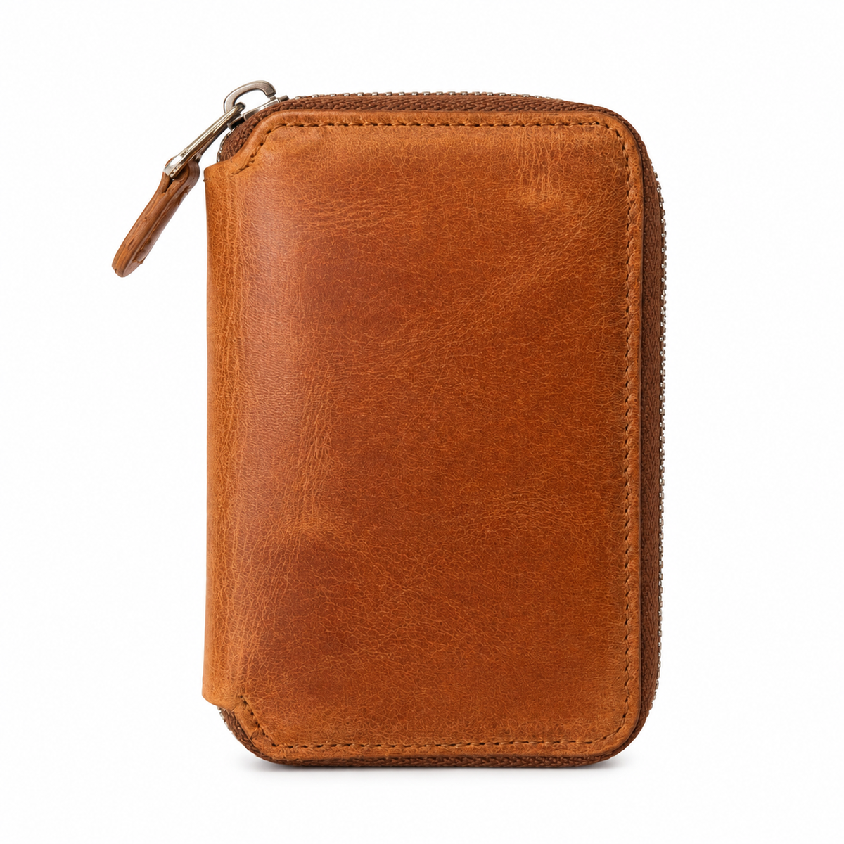 Vanguard handcrafted tan brown Crazy Horse leather zip-around wallet front view - Yubello