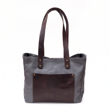 Verdelle handcrafted olive green canvas and brown leather tote bag front view - Yubello
