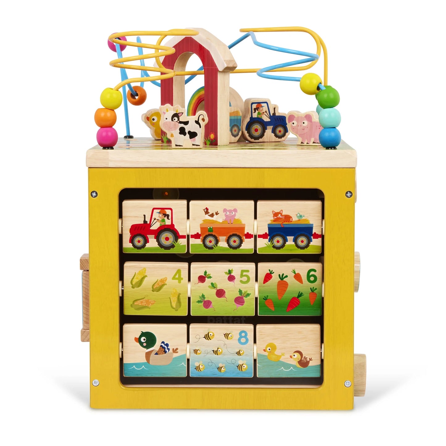 Wooden Barnyard Activity Cube – 5-in-1 Toy with Bead Maze for Babies & Toddlers