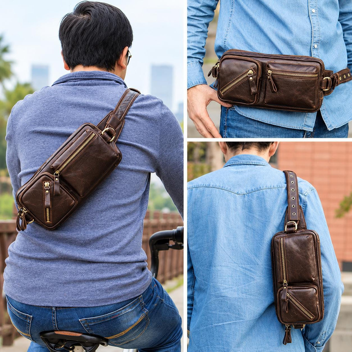 Customizable Genuine Leather Sling Bag, Multi-Pocket Travel Chest Pouch (Vespari)