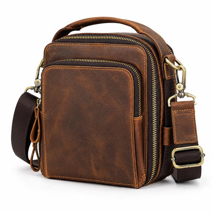 Leather Crossbody Bag for Men, Custom Mens Messenger Bag Fits iPad Mini, Vertical Travel Shoulder Bag with Handle, Moretti