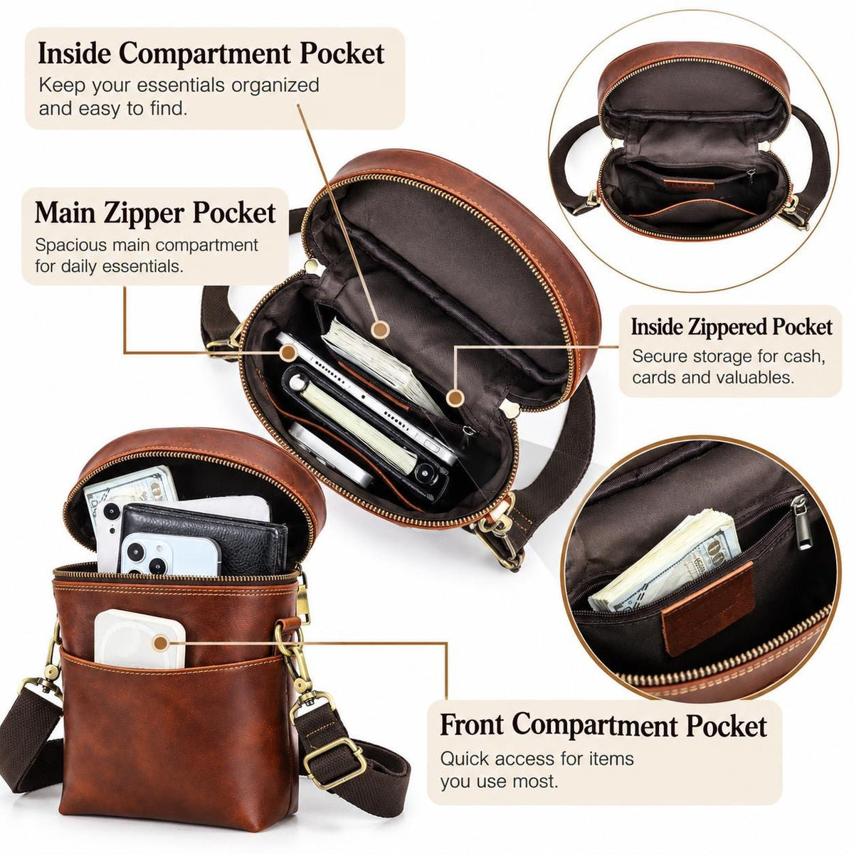 Personalized Leather Crossbody Bag for Men, Custom Mens Shoulder Sling Bag, Vertical Travel Satchel Bag, Gift for Him, Alfiero