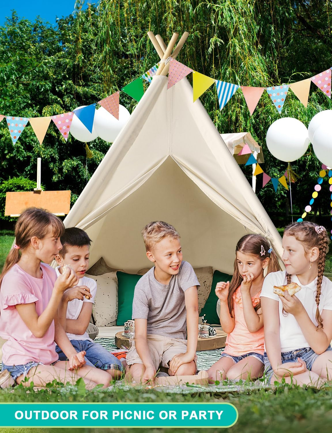 Kids Teepee Play Tent – Foldable Natural Canvas Tipi with Lights & Carry Bag