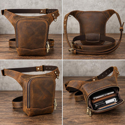 Leather Drop Leg Bag for Men, Custom Motorcycle Thigh Bag, Mens Tactical Waist Fanny Pack Fits iPad Mini, Lombardi