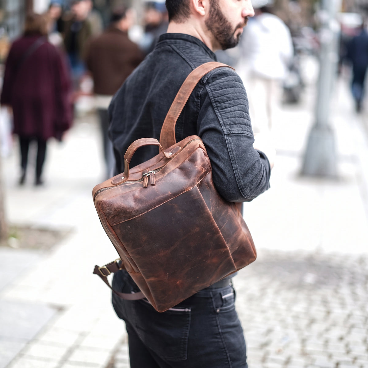 Altair handcrafted brown leather laptop backpack briefcase front view - Yubello