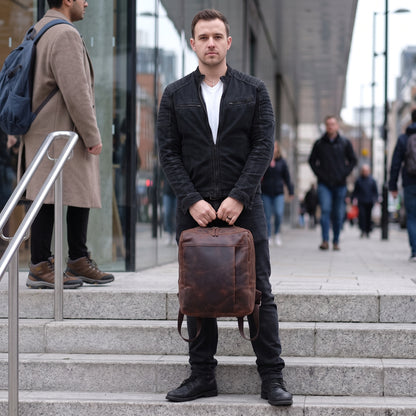 Altair handcrafted brown leather laptop backpack briefcase front view - Yubello
