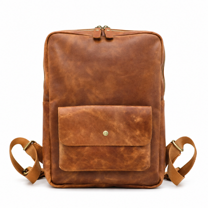Arden handcrafted dark brown leather backpack laptop commuter daypack front view - Yubello