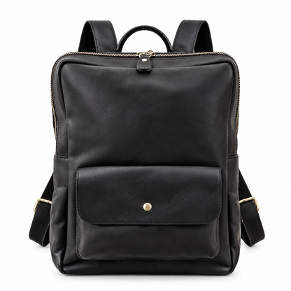Arden handcrafted black leather backpack laptop commuter daypack front view - Yubello
