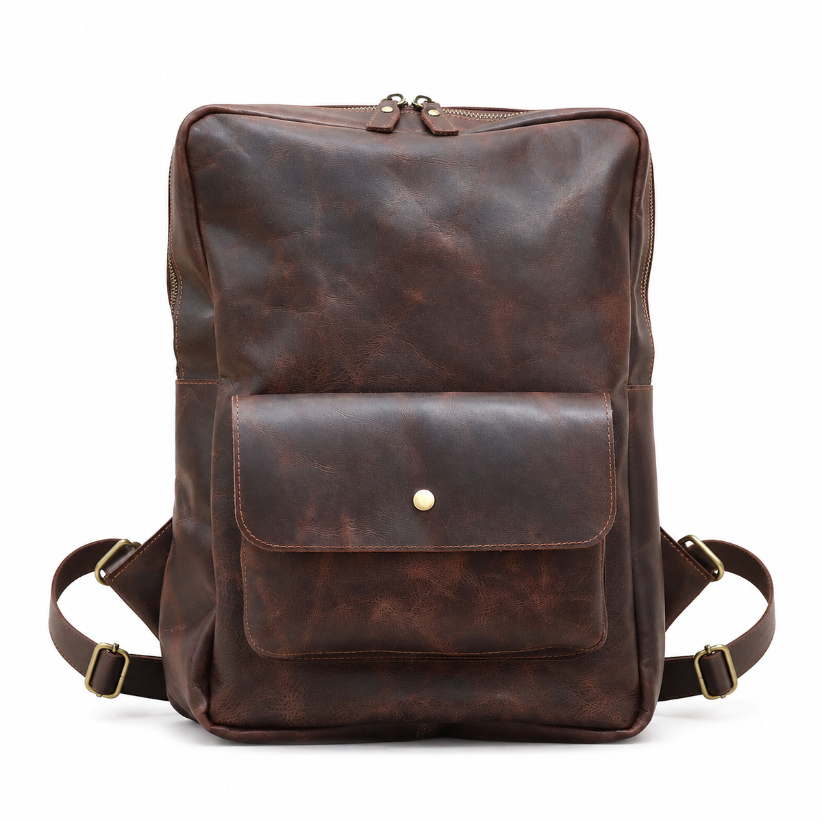 Arden handcrafted dark brown leather backpack laptop commuter daypack front view - Yubello