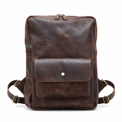 Arden handcrafted dark brown leather backpack laptop commuter daypack front view - Yubello