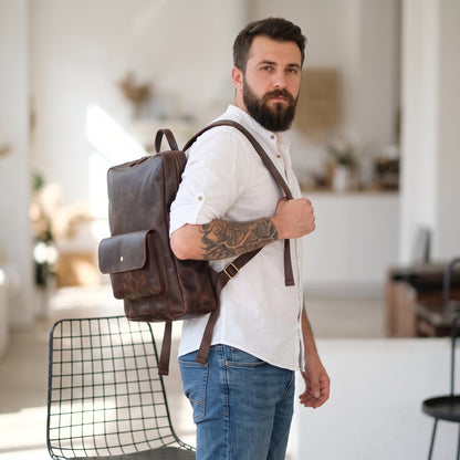 Arden handcrafted brown leather backpack on model commuter street style - Yubello