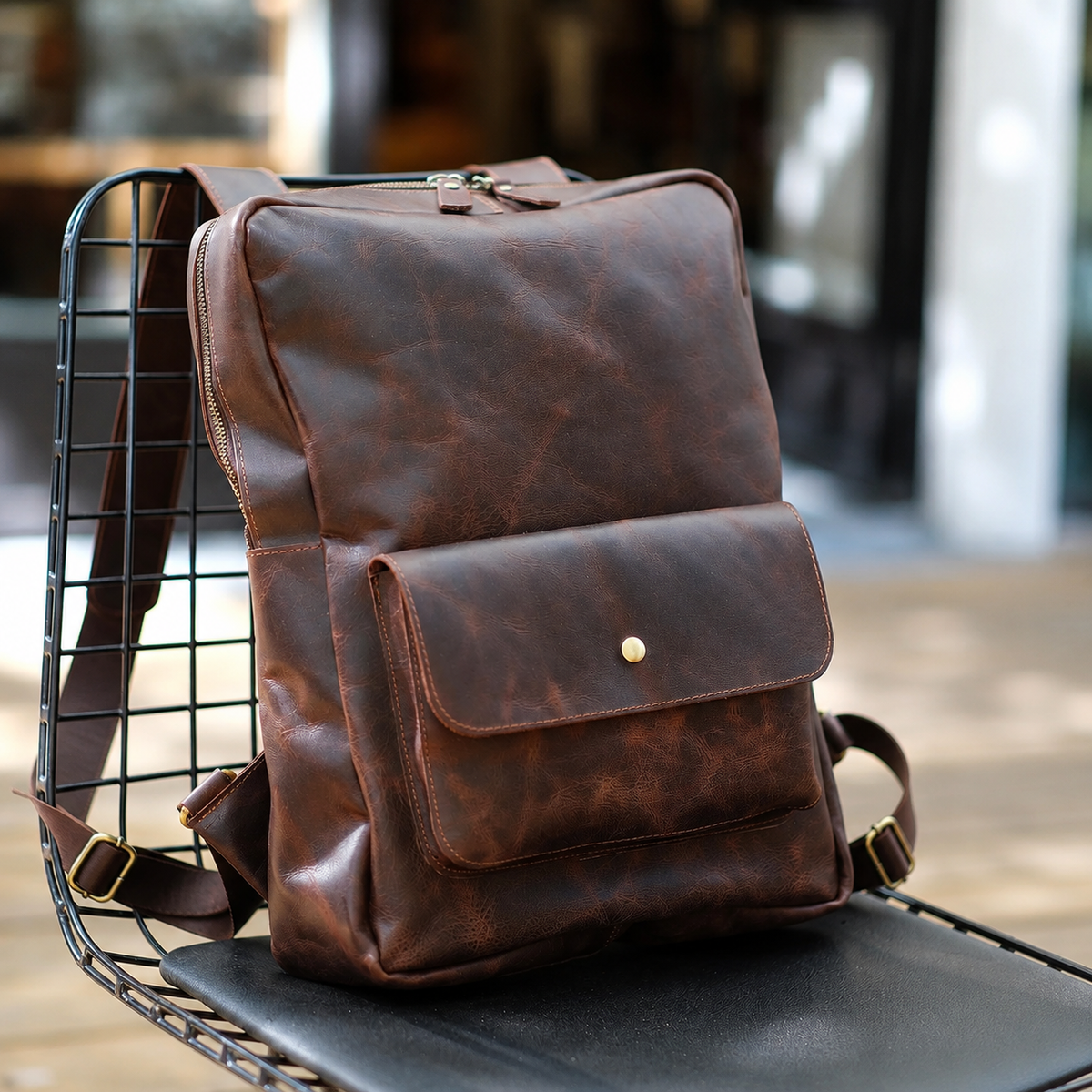 Arden handcrafted dark brown leather backpack laptop commuter daypack front view - Yubello