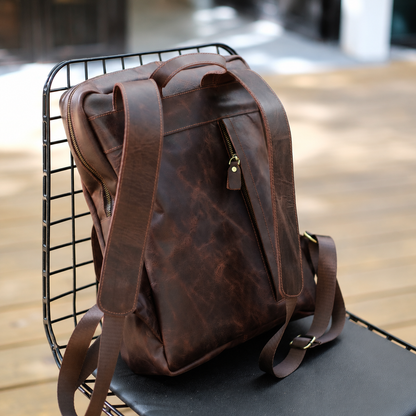 Arden handcrafted dark brown leather backpack laptop commuter daypack front view - Yubello
