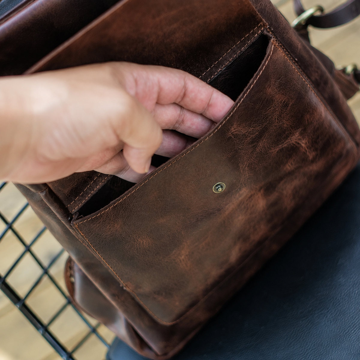 Arden handcrafted dark brown leather backpack laptop commuter daypack front view - Yubello