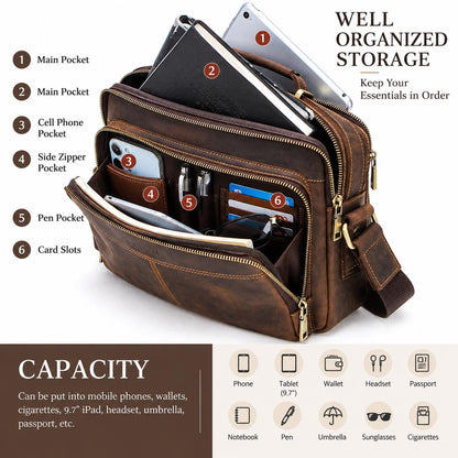 Leather Messenger Bag for Men, Personalized Crossbody Bag, Full Grain Shoulder Bag Fits 9.7 iPad, Anniversary Gift for Him