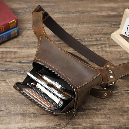 Leather Drop Leg Bag for Men, Custom Motorcycle Thigh Bag, Mens Tactical Waist Fanny Pack Fits iPad Mini, Lombardi
