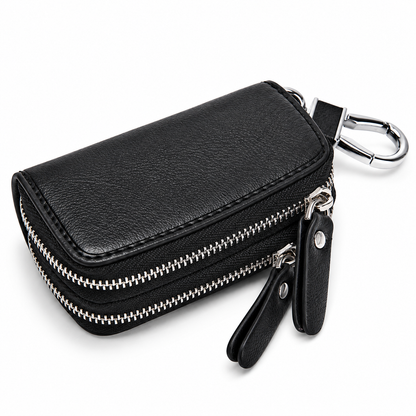 Linea Genuine Leather Double Zipper Key Case Wallet with Carabiner Clip