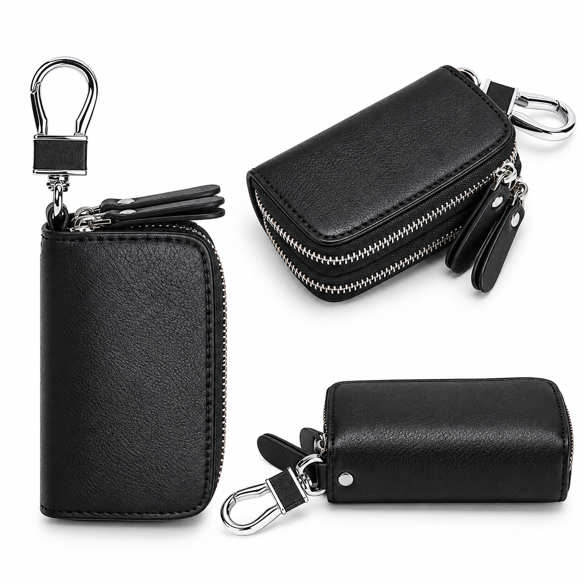Linea Genuine Leather Double Zipper Key Case Wallet with Carabiner Clip
