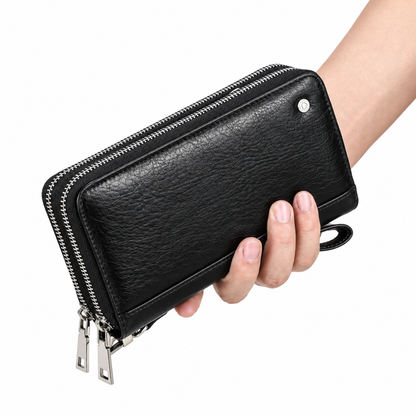 Branor Handcrafted Crazy Horse Leather Double Zipper Clutch Wallet with Wristlet