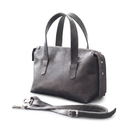 Maelis handcrafted black Crazy Horse leather satchel bag with crossbody strap - Yubello