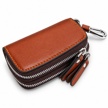 Linea Genuine Leather Double Zipper Key Case Wallet with Carabiner Clip