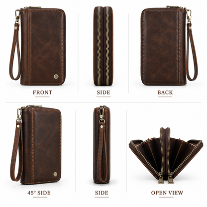 Branor Handcrafted Crazy Horse Leather Double Zipper Clutch Wallet with Wristlet